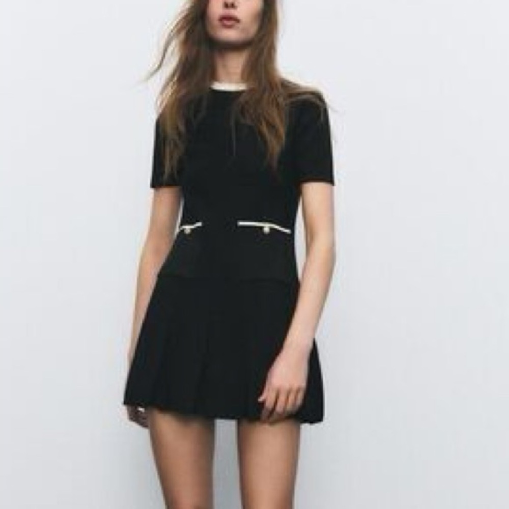 ZARA Black Knit Mini Dress Contrast Trim Pleated Hem Gold Button Pockets Size M